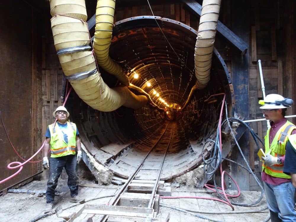 A nine foot diameter tunnel for water that will flow under W. Lake