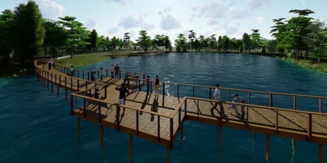 Rendering of the boardwalk traversing the natural pond